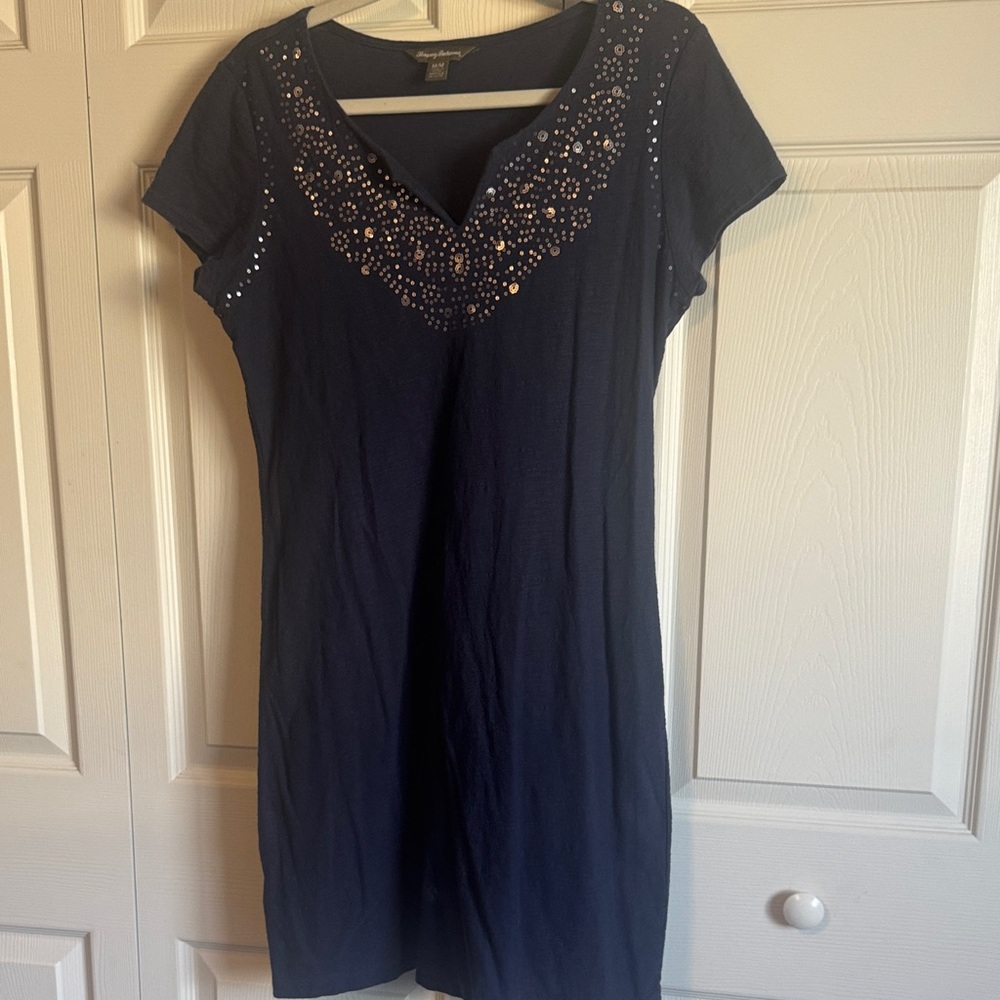 Tommy Bahama Navy Dress with Embellished V-Neck
